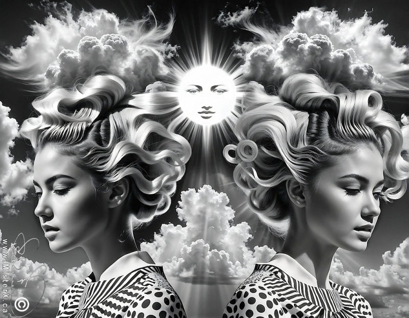 Black and white image of two girls, almost identically mirrored, backs towards each other, with cloudy sky and a centered sun with a smiling face placed between them.