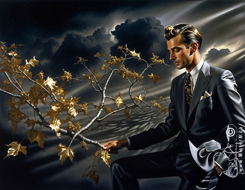 A handsome man in a shiny black suit is seen against a dark and cloudy background. Branches with shiny gloden leaves take up a large portion of the picture.