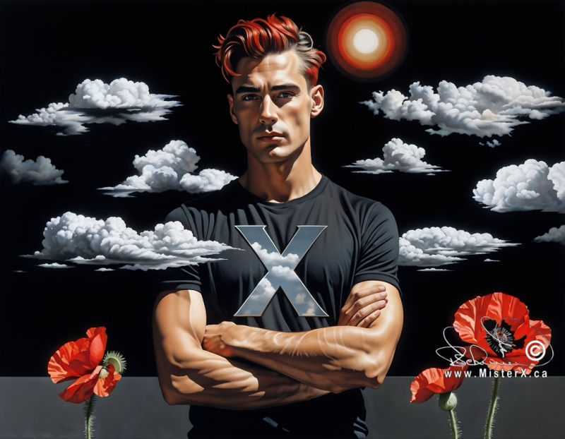 A handsome young red haired man is seen wearing a black tee-shirt with a large letter "X" logo on it. A sun is seen shining against a black sky with occasional clouds, and 3 large red asian poppies can be seen along the side of him.