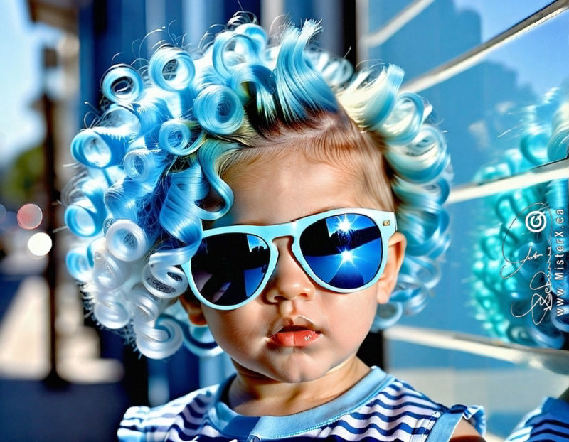 A very hip 4 year old is seen from the shoulders up. She is downtown and has a very curly hairdo full of baby-blue and white ringlets and is wearing baby-blue mirrored sunglasses.