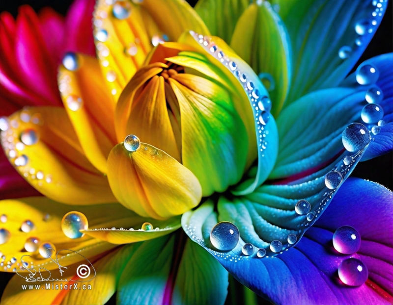 Close up of a rainbow coloured flower still in the process of fully opening, covered in dew drops.