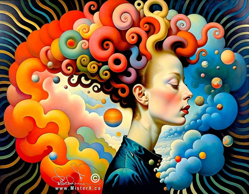 A sort of retro 60's psychedelic poster feel. We see a side view of a woman, with multi colored curly-q's for hair. She is in front of a multi colored oval shape made of surreal clouds.
