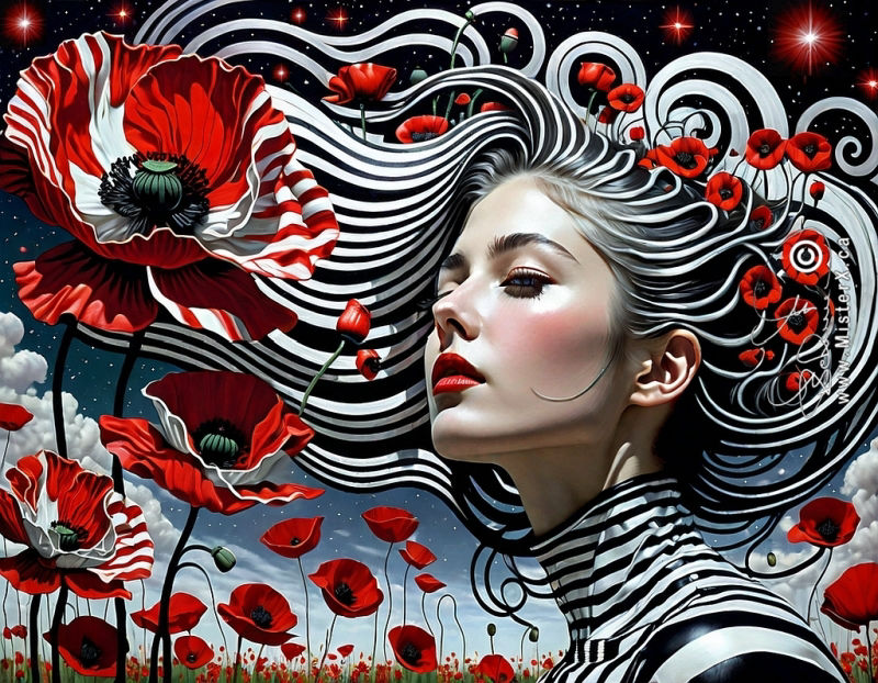 A woman with blowing hair filled with poppies stands in a vast field of poppies against a starry black night sky. She is wearing a black and white striped outfit. She is seen from a side view, looking off to the side, from the lower shoulder up.