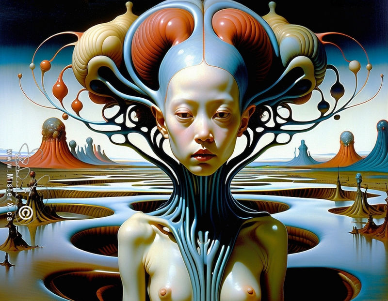 A woman with bizarre hair and body embellishments stands in front of an alien landscape.