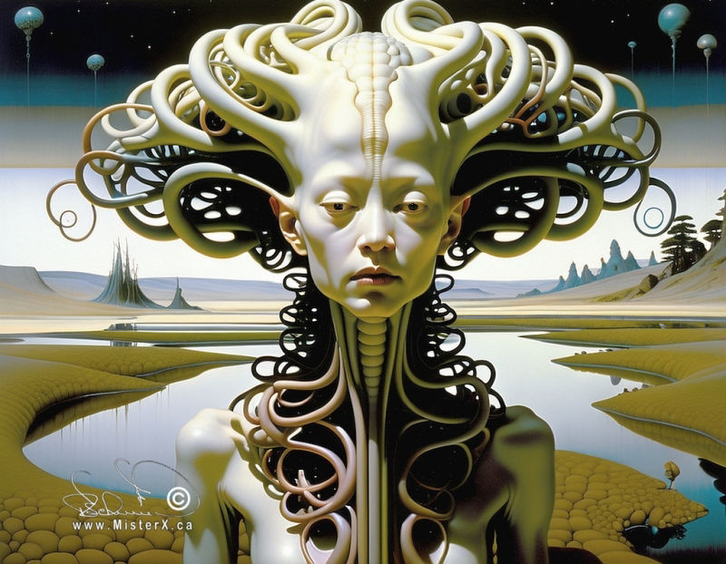 A woman with bizarre hair and body embellishments stands in front of an alien landscape.