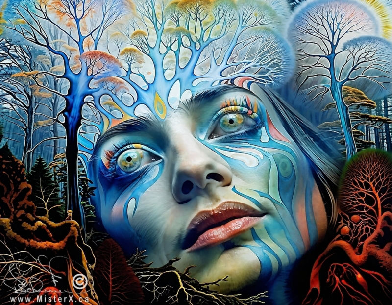 Colourful abstract painting of a woman's face emerging from a forested surrounding.