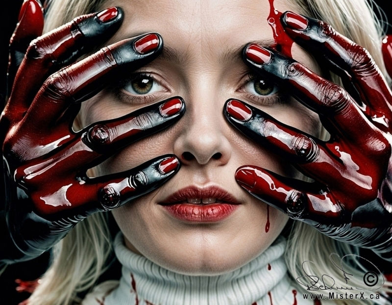 Blonde haired woman with a white turtle neck is seen with 2 black and red bloody heads partially covering her face. She has blood running down her forehead and sweater.