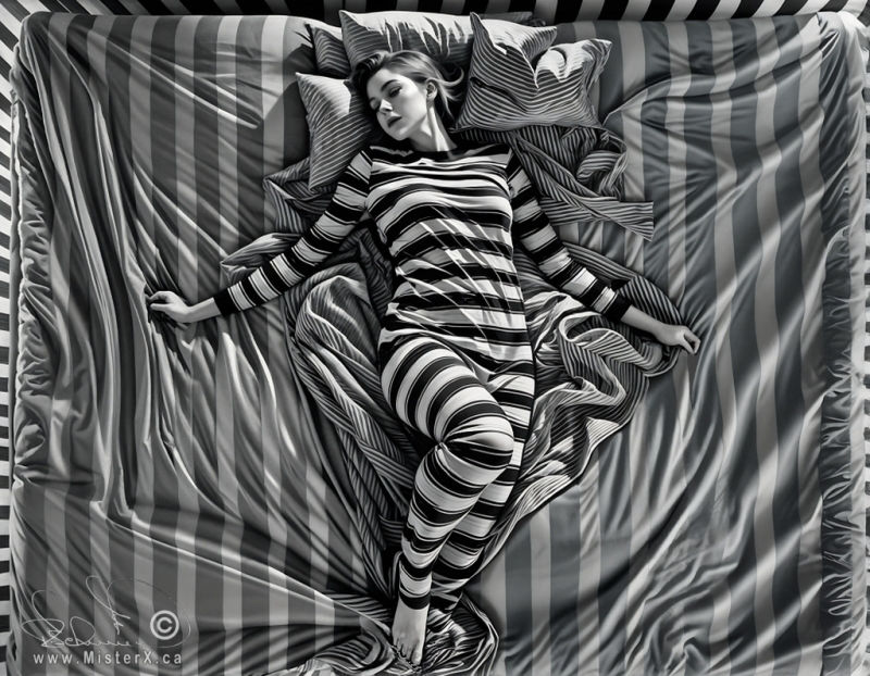 Black and white image of a woman sleeping in striped pajamas on a bed with sheets of grey and white stripes.
