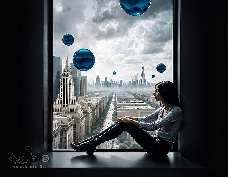 A young woman is seen sitting in a window sill, looking out at a busy city seen with skyscrapers and roads. In the cloudy sky, several blue spheres are seen floating in the sky above the city.