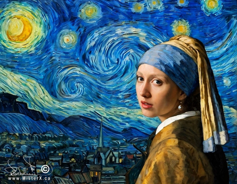 An image that blends together two masterpieces. 'Girl with a Pearl Earring' is seen infront of and inside of 'A Starry Night'.