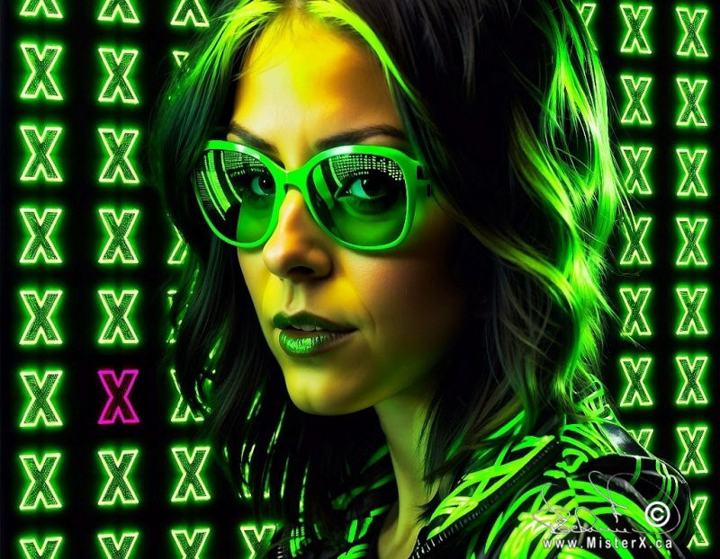 A woman with green glasses is lit by green lighting and seen against a tiling background of green letter X's. One lone X is the colour purple.