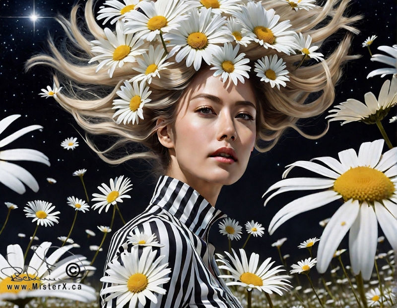 A woman with blowing hair filled with daisies stands in a vast field of daisies against a starry black night sky. She is wearing a black and white striped outfit. She is seen from a side view, looking at the viewer, from the lower shoulder up.