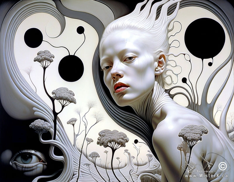An albino woman glances over her shoulder at the viewer. She is set into an abstract background made of pale yellow, grey, and black colours. There are trees and black circles and swirls and a lone eye in the surrounding areas of the woman.