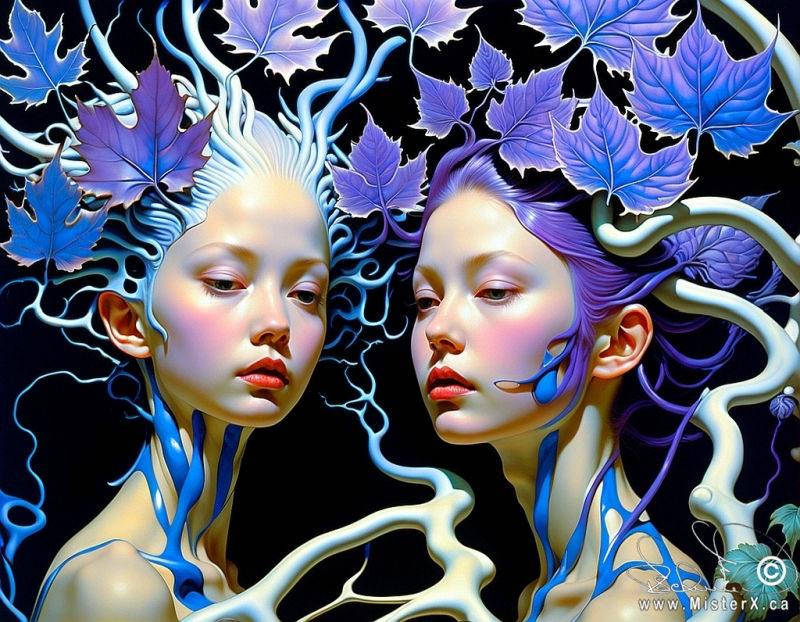 Two rosey cheeked girls face each other and are surrounded my tree branches and blue and purple leaves. Set against a black background.