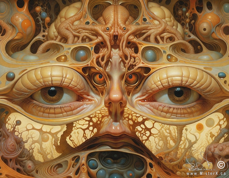 An abstract piece of artwork featuring two large prominent eyes, a face, an alien entity, and many other features to be determined by the viewer.