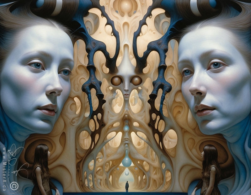 A mirror image from center out to left and right. On each side is a picture of a blue skinned woman looking off to the side. Under her is a smaller woman looking back at the horizon. A very small man can be seen off in the distance on the horizon.