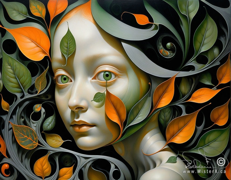 An attractrive pale woman's face with very green eyes and orange hair is surrounded by verious leaves in green and orange.