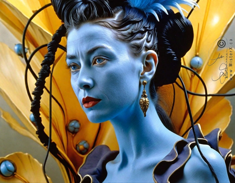 A blue skinned woman with strange braided hairdo is seen in front of an abstract orange and yellow plant-like background.