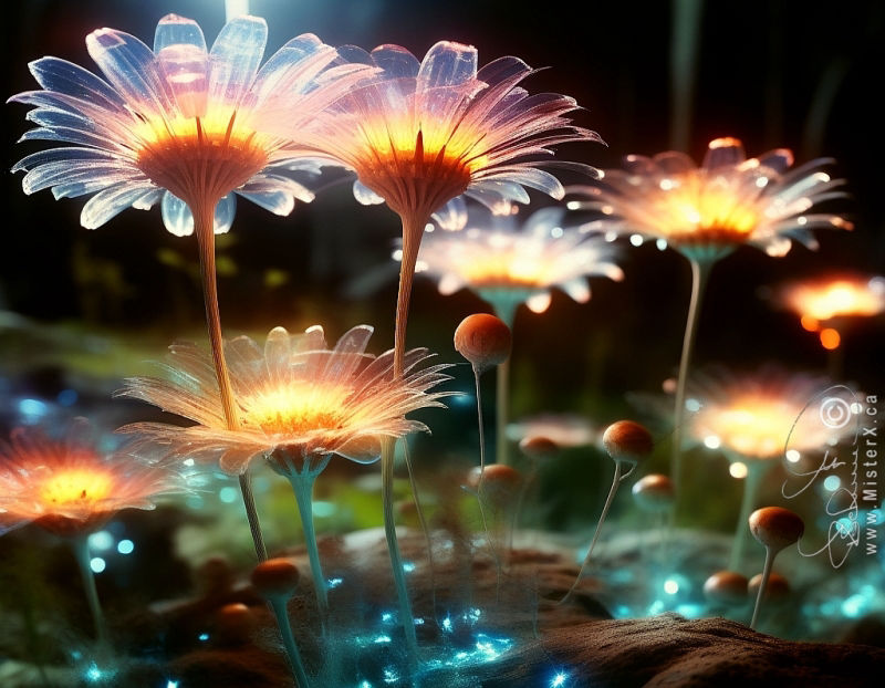 Semi transparent daisy-type flowers glow from their own light source against a dark night time background..