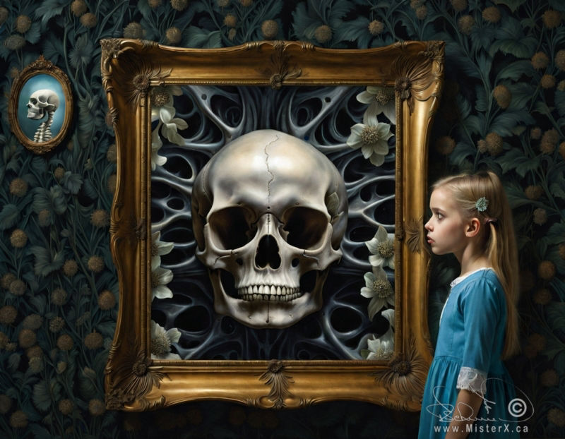 A young girl gazes at a large, centered framed picture of a skull and flowers. A small oval portrait in the upper left is of a skelton, mimicking the little girl's stance.