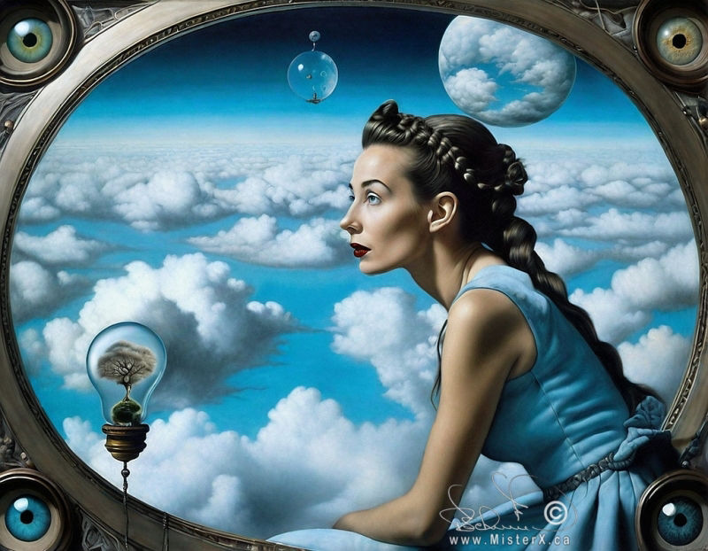 An attractive woman peers out through a large oval window at endless clouds that go off into the distance to the horizon. A single eye is in each corner of the picture's frame.