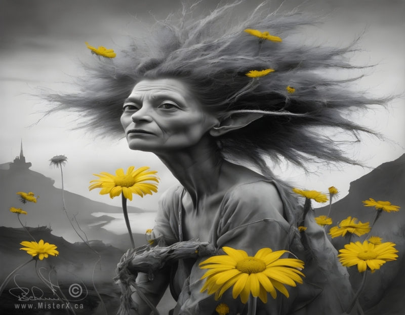 A black and white fantasy image of an older female woman with pointed ears and unkept hairdo surrounded by yellow daisy flowers.