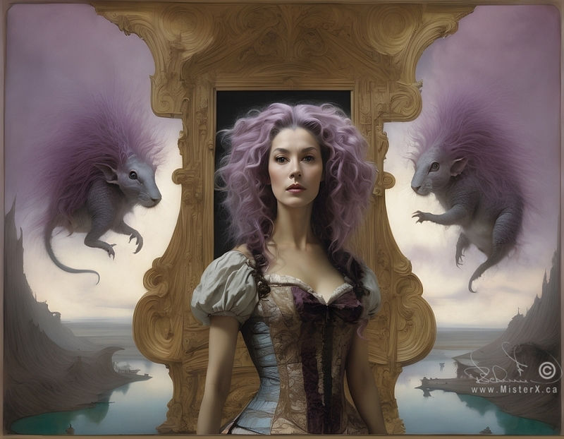 A beautiful young woman stands in front of a scene which shows water and mountains in the background. On each side of her are floating rat-like creatures with long mauve colored hair.