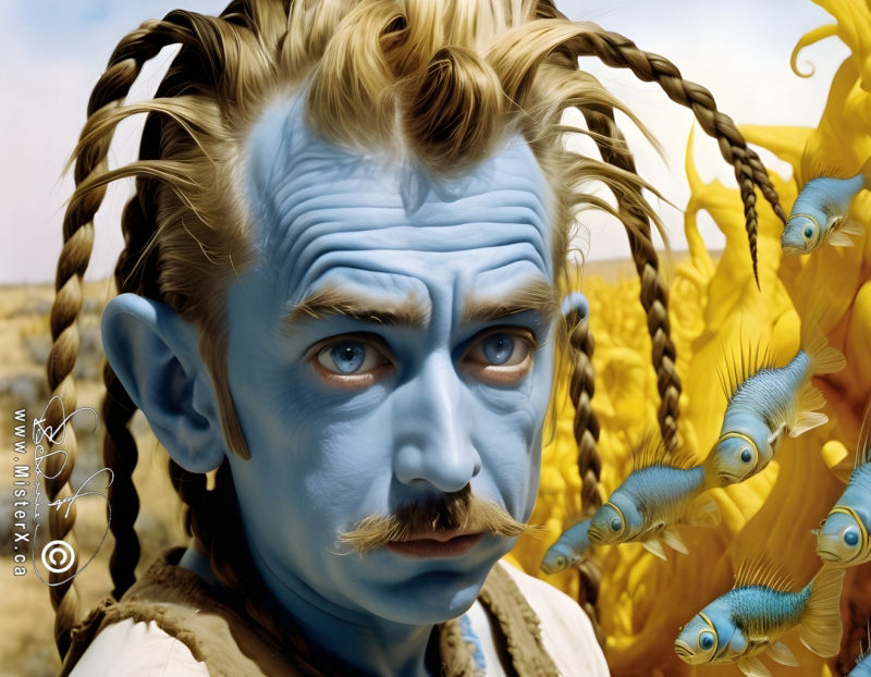A blue skinned man with a moustache and strangley braided long redish-blond hairdo is seen against a yellow field background. A school of blue fish are seen entering the picture from the right side.