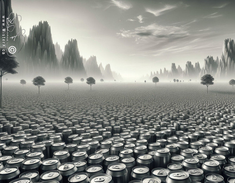 A scene showing beverage cans going off into the distance as far as can be seen. Occasional trees can also be seen growing through the endless empty cans.