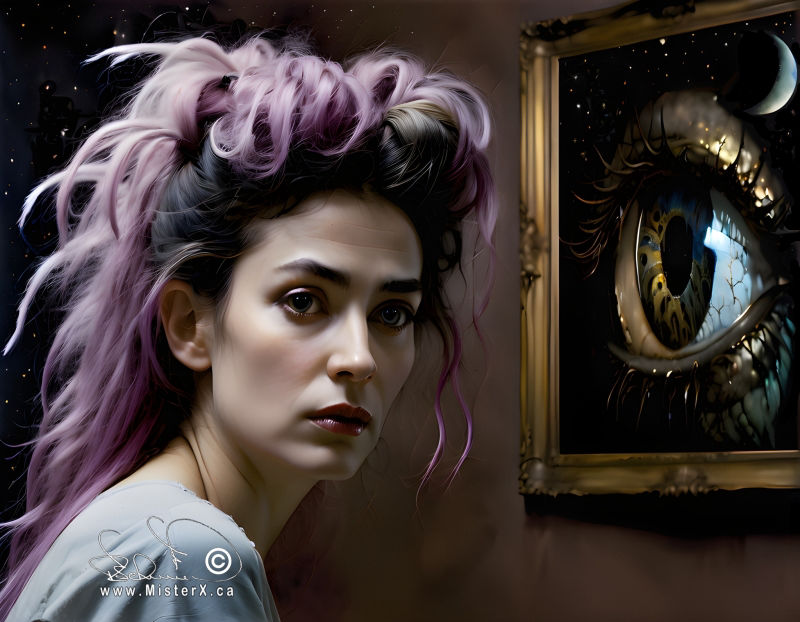 A woman with mauve hair looks back over her shoulder at the viewer. In front of her is a painting on the wall of a huge eyeball looking at her.