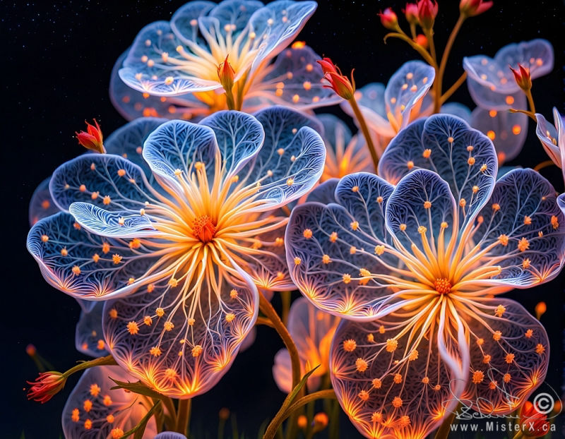 A fantsy species of flower is seen with 3 large blooms in hues of blue, gold, and orange, set against a black background with stars.