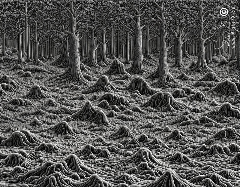 Black and white pencil drawing that represents an earthquake. Shows trees in the background and in the foreground is a field showing waves going through the ground.