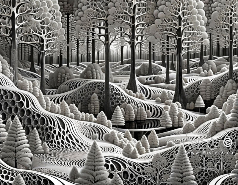 Black and white image of a frosty fractal-like forest scene.