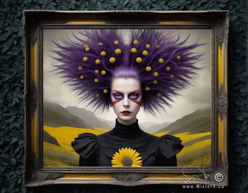 A picture of a beautiful woman in black with improbable purple hairdo is hanging on a wall made from black leaves.