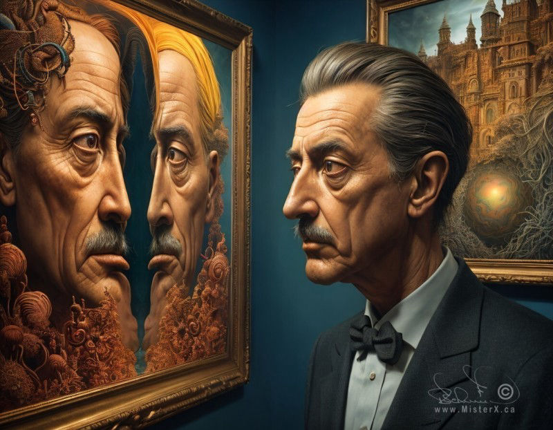 An older gentleman in a suit looks at a picture on a wall with two different profile pictures of himself looking at each other.
