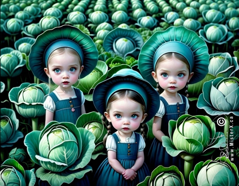 Three adorable little girls are seen in the forefront of an otherwise filled picture of cabbages seen going off into the distance.
