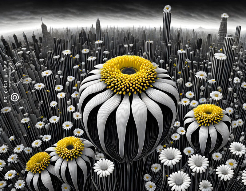 Daisy flowers completely take up the foreground and lower portion of the image. As the image goes off into the horizon, the flowers change into skyscapers in what appears to be a New York city-type skyline. Mostly black and white image with occasional yellow flower centers.