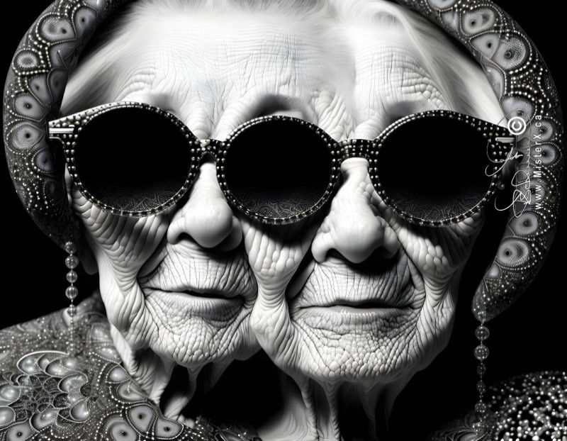 Black and white image of two old ladies conjoined at the head, wearing sunglasses with three lenses, the middle one covering the middle eye that they share.