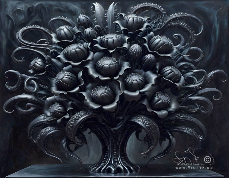A black and grey painting of a floral bouquet in the style of artist H.R. Giger.