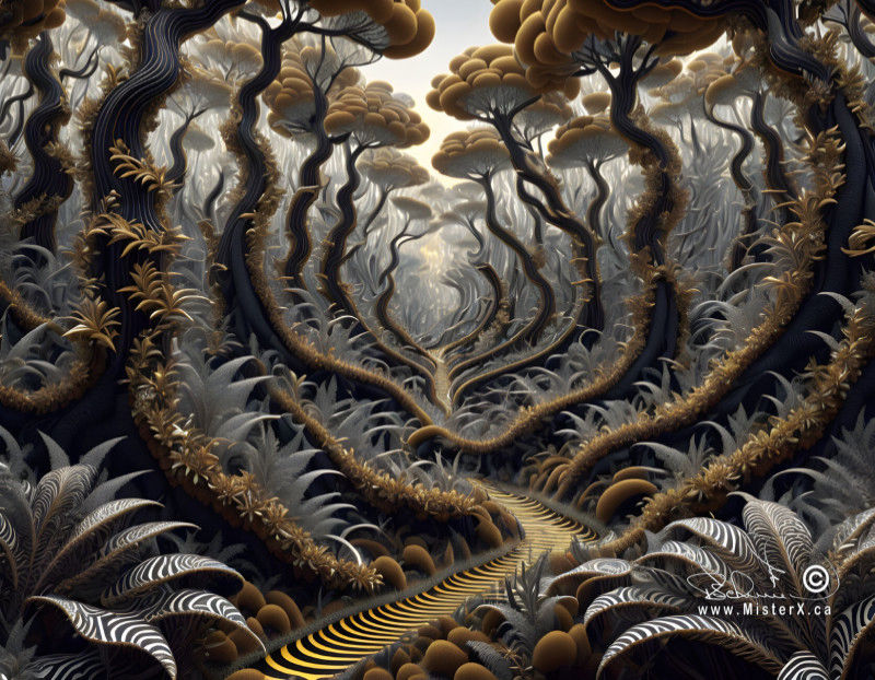 A fractal forest image with crooked trees going off into the distance. Black and white with copper tones.
