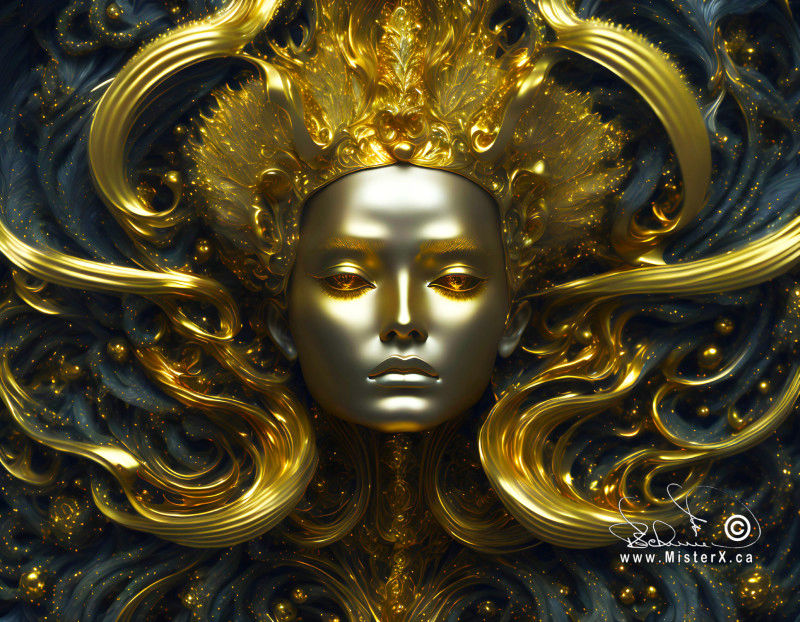 An image of a gold metallic feminine face wearing a golden crown and surrounded by golden swirls against a sparkling grey background.