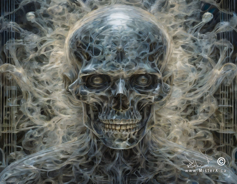 A frightening skeletal face with beady eyes is seen with smoky vapors all around it.