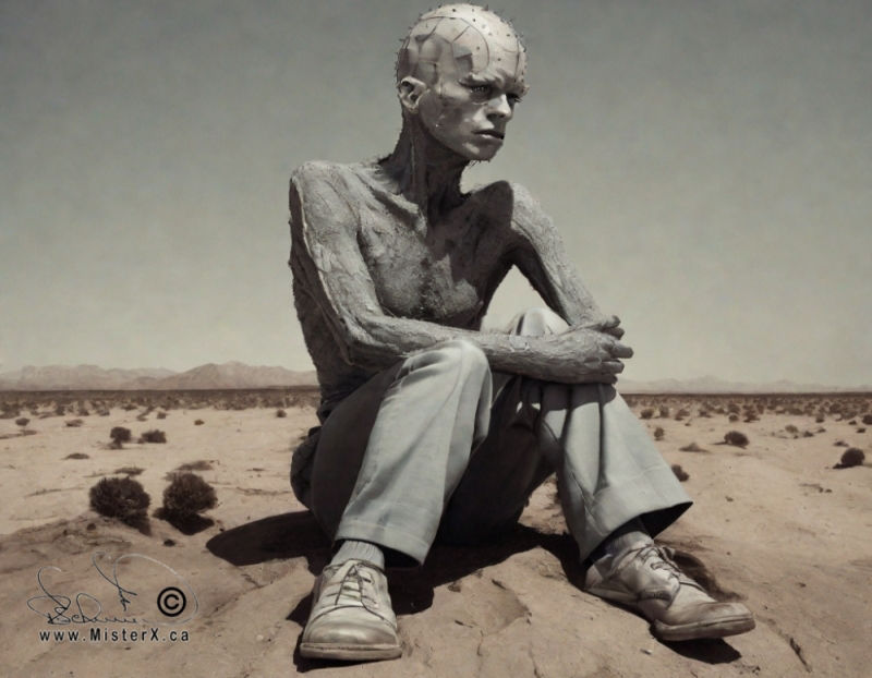 Image of a shirtless man sitting in the sand of a desert with the wrong shoe on his right foot. The man has a bald head and flaky skin and appears to be contemplating his situation.