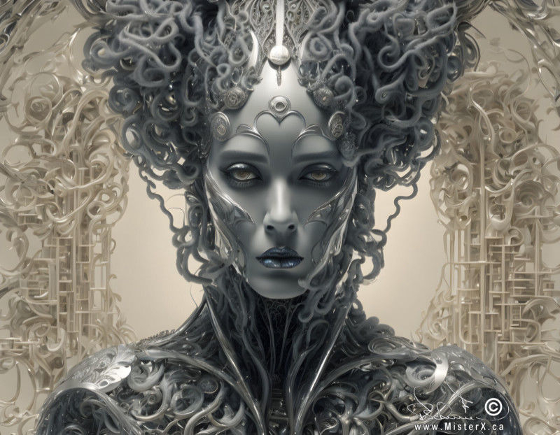 A beautiful woman is covered in silver machine-like designs, giving the impression she may be a cyborg.