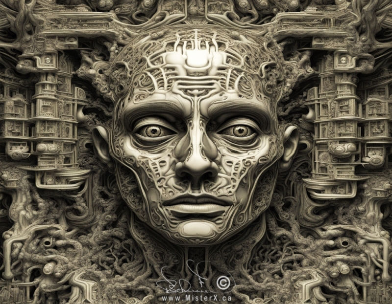 A face with piercing eyes is seen coming out of a detailed biomechanical background. Monochrome image.