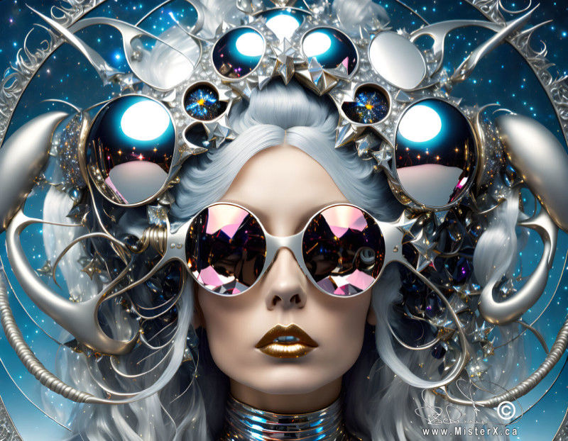A beautiful young silver haired woman wearing mirrored sunglasses has abstract mirrored glass objects and smooth polished metallic abstract items in a bizarre head dress.