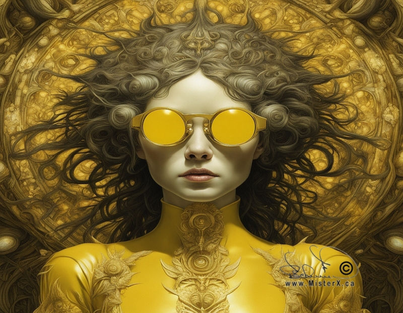 A futuristic portrait of a woman with yellow mirrored sunglasses, wearing a form fitting yellow leather outfit, and with a large and crazy out of control wavy hairdo, is seen against a gold and yellow symetrical background.