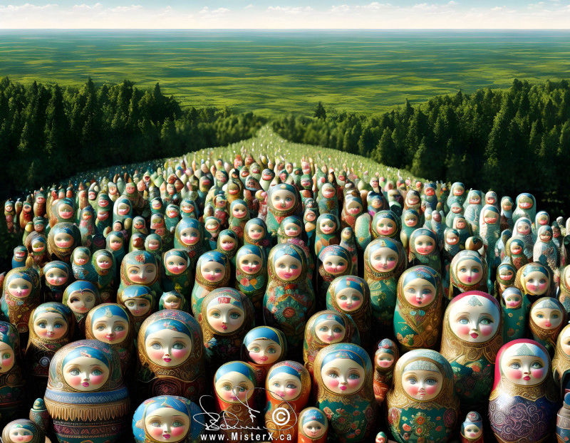 Hundreds upon hundreds of Russian Matryoshka Dolls can be seen going off into the distance. Woodlands are on each side, and a flay plane of greenery is far off in the distance.