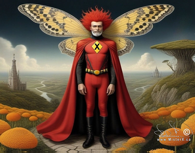 A male superhero in red tights and cape with black boots and an "X" logo on his chest. A large red hairdo and butterfly wings finish off his look!