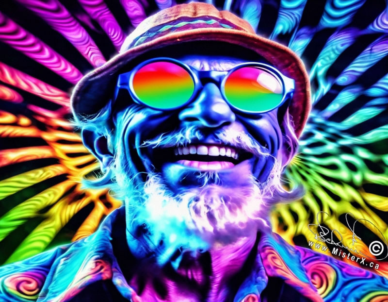 A rainbow coloured psychedelic image of a bearded older man wearing shades and a hat, set against a fractal-like psychedelic background.